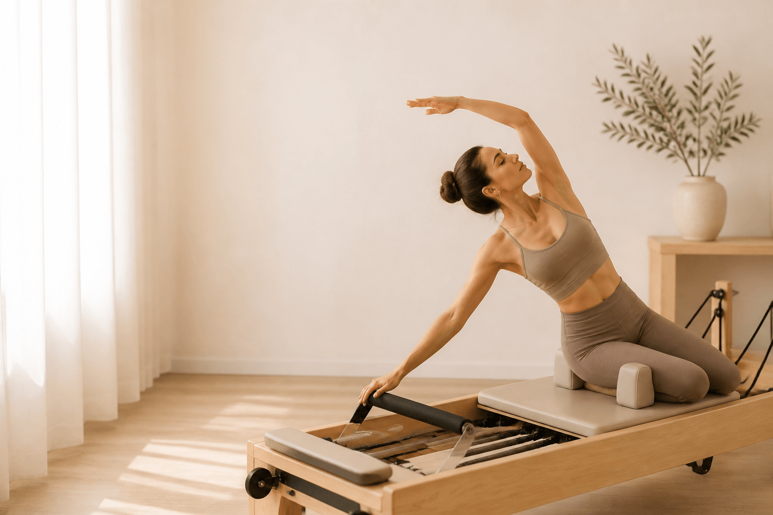 Mujer realizando una elongación sobre una cama de Pilates Reformer